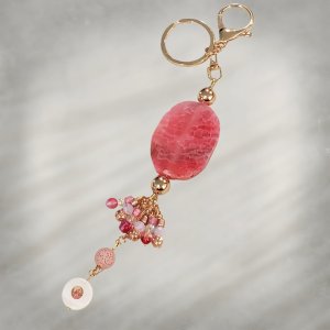 Beaded Keychain, Pink Agate & Lava Stone