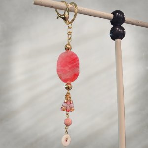 Beaded Keychain, Pink Agate & Lava Stone