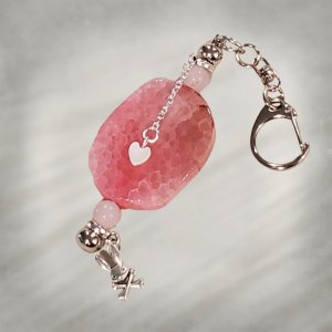 Beaded Keychain, Pink Agate & Shell