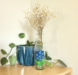 Forget me not vase, Japanese marble soda bottle incense holder, hand painted glass vases, upcycled art, oil diffuser stick jar, plant propagation, prop jar