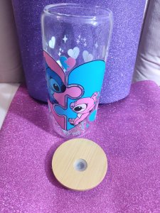 Stitch glass cup with bamboo lid and glass straw