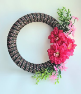 Vintage embroidered ribbon wreath, pink and black decor, front door hanger, wall floral decoration, pink flowers, wreaths gift for her