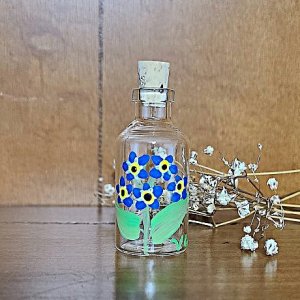 Mini glass vase, upcycled hand painted bud vase, blue forget-me-not home decor, miniature blue flower vases