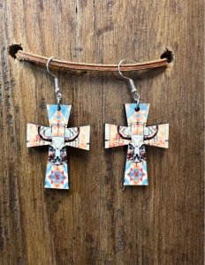 Western Bull Skull Cross Earrings