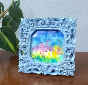 Framed abstract art, desk art, shelf accent, original painting, blue frame with easel, acrylic paintings