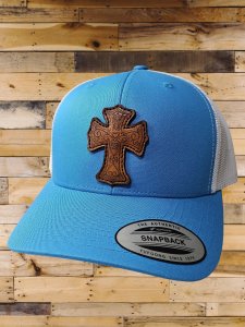 Turquois Blue Trucker Hat with Laser Etched Leather Cross Patch