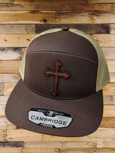 7 Panel Trucker Hat w Cross Leather Patch, full grain leather, hand sewn