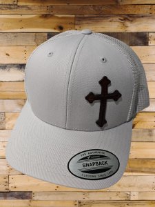 Silver Trucker Hat w Cross Leather Patch, full grain leather, hand sewn