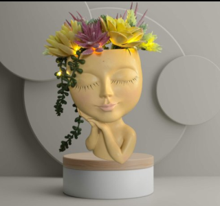 Faux Succulent Arrangement - Large Face Planter - Beige Female w/ Fairy Lights