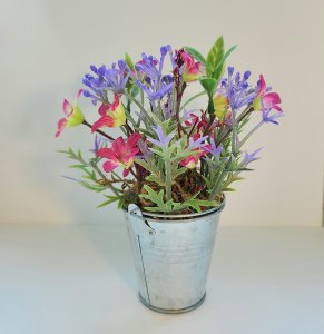 Flower arrangement in silver bucket, pink flowers with purple berries, desk decor, small floral arrangement, gift for her