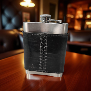 7 oz Flask Adorned w Custom American Flag/Pledge of Allegiance, Hand-sewn, Leather Cover