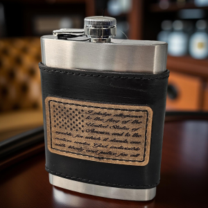 7 oz Flask Adorned w Custom American Flag/Pledge of Allegiance, Hand-sewn, Leather Cover