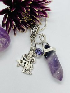 ZODIAC "Aquarius" Charmed Birthstone Crystal Amethyst Pendant w/25" silvery chain