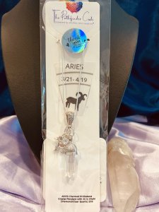 ZODIAC "Aries" Charmed Birthstone Crystal Pendant w/25" silvery chain