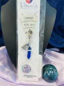ZODIAC "Virgo" Charmed Birthstone Crystal Sapphire Pendant w/25" silvery chain