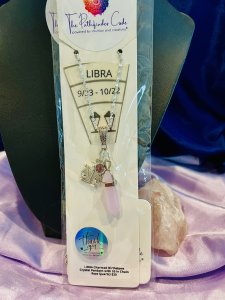 ZODIAC "Libra" Charmed Birthstone Crystal Rose Quartz Pendant w/25" silvery chain