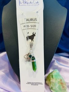 ZODIAC "Taurus" Charmed Birthstone Crystal Emerald Pendant w/25" silvery chain
