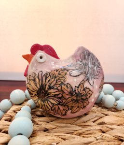 Hand-crafted stoneware chickens