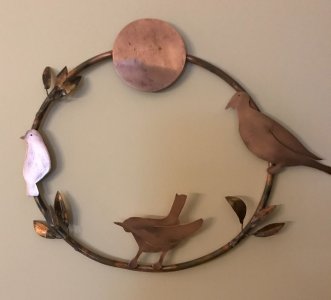 Copper Wall Hanger with Birds, Moon and Leaves