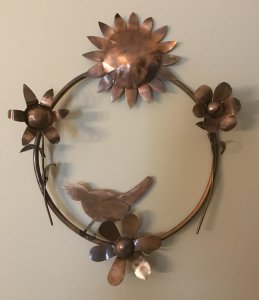 Copper Wall Hanging with Flowers, Bird and Sun