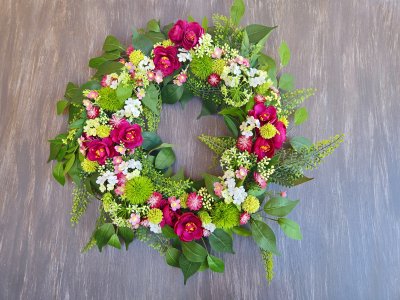 Vibrant spring and summer wreath purple and green floral grapevine wreath