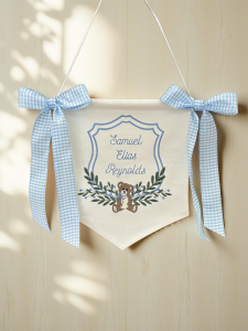 Personalized Baby Name Banner – Blue Gingham Bow
