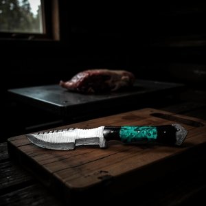 Genuine damascus with green swirl resin handle tracker knife