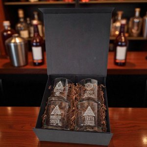 Beautifully etched personality whiskey glasses in a presentation magnetic gift box