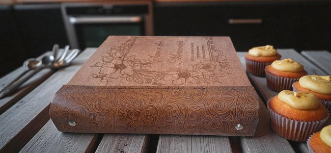 Personalized Recipe Book Binder; Leather and Basswood Wooden Cookbook