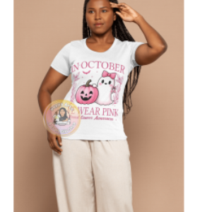 In October We Wear Pink T-Shirt – Breast Cancer Awareness White Shirt – Cute Ghost & Pink Pumpkin (size s - 2xl) (white)