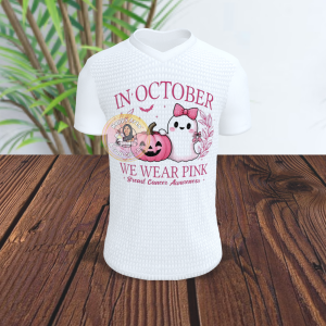 In October We Wear Pink T-Shirt – Breast Cancer Awareness White Shirt – Cute Ghost & Pink Pumpkin (size s - 2xl) (white)