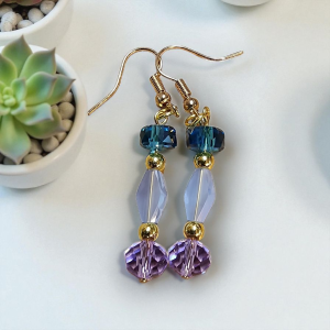 Handmade Jewelry Set Matching Earring Bracelet Combination Blue Purple Glass Bead Gold Plated Elegant Design Floral Detail Opalescent