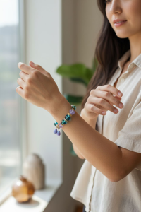 Handmade Jewelry Set Matching Earring Bracelet Combination Blue Purple Glass Bead Gold Plated Elegant Design Floral Detail Opalescent