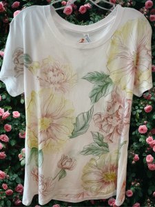 Hand Painted Peonies Tee - Ladies Large