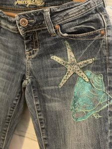 Hand Painted Nautical Designs on Upcycled Ladies American Eagle Jeans (sz. 4)
