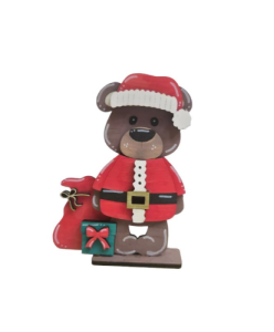 Rustic Handmade Wooden Santa Bear – Hand-Painted Christmas Bear With Gift Sack & Present | Holiday Shelf Sitter Decor