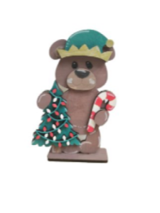 Hand-Painted Christmas Bear Decor – Wooden Holiday Bear With Candy Cane & Christmas Tree