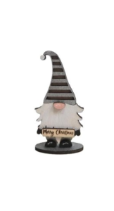 Handmade Wooden Christmas Gnome with Striped Hat – “Merry Christmas” Sign | Rustic Holiday Décor