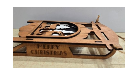 Wooden Merry Christmas Sleigh Ornament – Winter Forest Scene