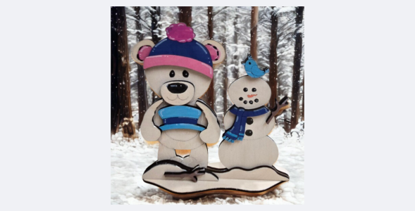 Laser Cut Wooden Winter Bear Decor – Cute Bear with Snowman – Hand Painted Seasonal Shelf Sitter