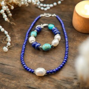 Desert Sky Bracelet — Lapis, Kingman Turquoise, Freshwater Pearl & Sterling Silver