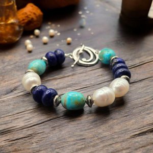 Desert Sky Bracelet — Lapis, Kingman Turquoise, Freshwater Pearl & Sterling Silver