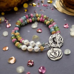 Lotus Bloom Bracelet — Candy Jade, Freshwater Pearl & Pewter Charm