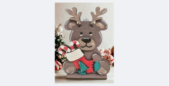 Rustic Christmas Reindeer Bear Shelf Sitter – Hand-Painted Rustic Wooden Holiday Decor