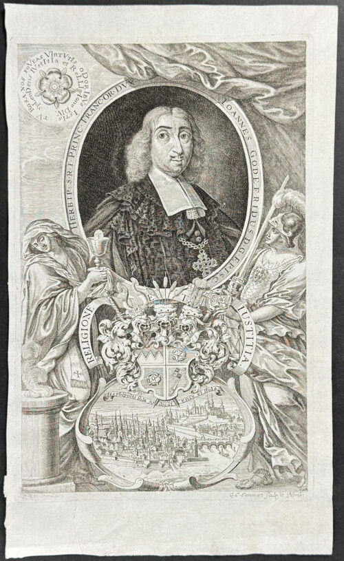 Portrait of Johann Gottfried von Guttenberg, Crest, and View of Herbipolis or Wurzburg, Germany [Herbip S R I Princ Franc or DVX / Joannes Gode Fridus D G Episc.]