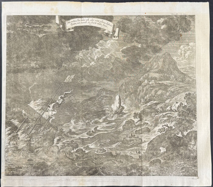 Ships in Tumultuous Sea with Rocks [Hie metus, hic labor est, alti sunt plena doloris]