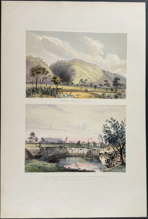 Entrance to the Gorge at Yankalilla / Messrs. Arthur's Sheep Station, with one of the Volcanic Wells, Mount Schank in the Distance, early morning