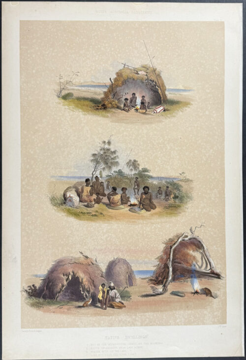 Native Dwellings: Hut of the Milmendura Tribe on the Koorung / Native Encampment near Lake Albert / Winter Huts on the Lake / Bark Hut near the River Light