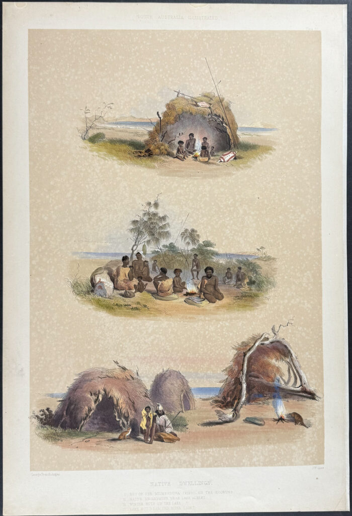 Native Dwellings: Hut of the Milmendura Tribe on the Koorung / Native Encampment near Lake Albert / Winter Huts on the Lake / Bark Hut near the River Light