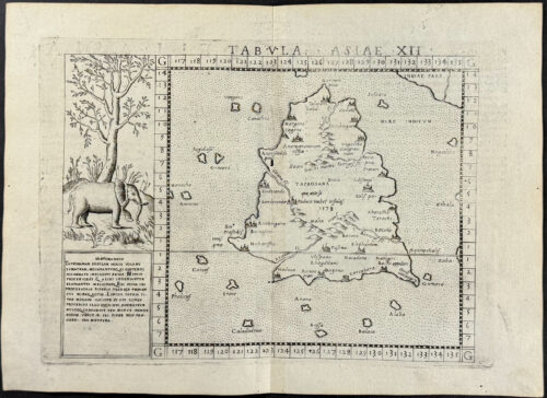 Map of Taprobana, Island in Sumatra, with inset of Elephant